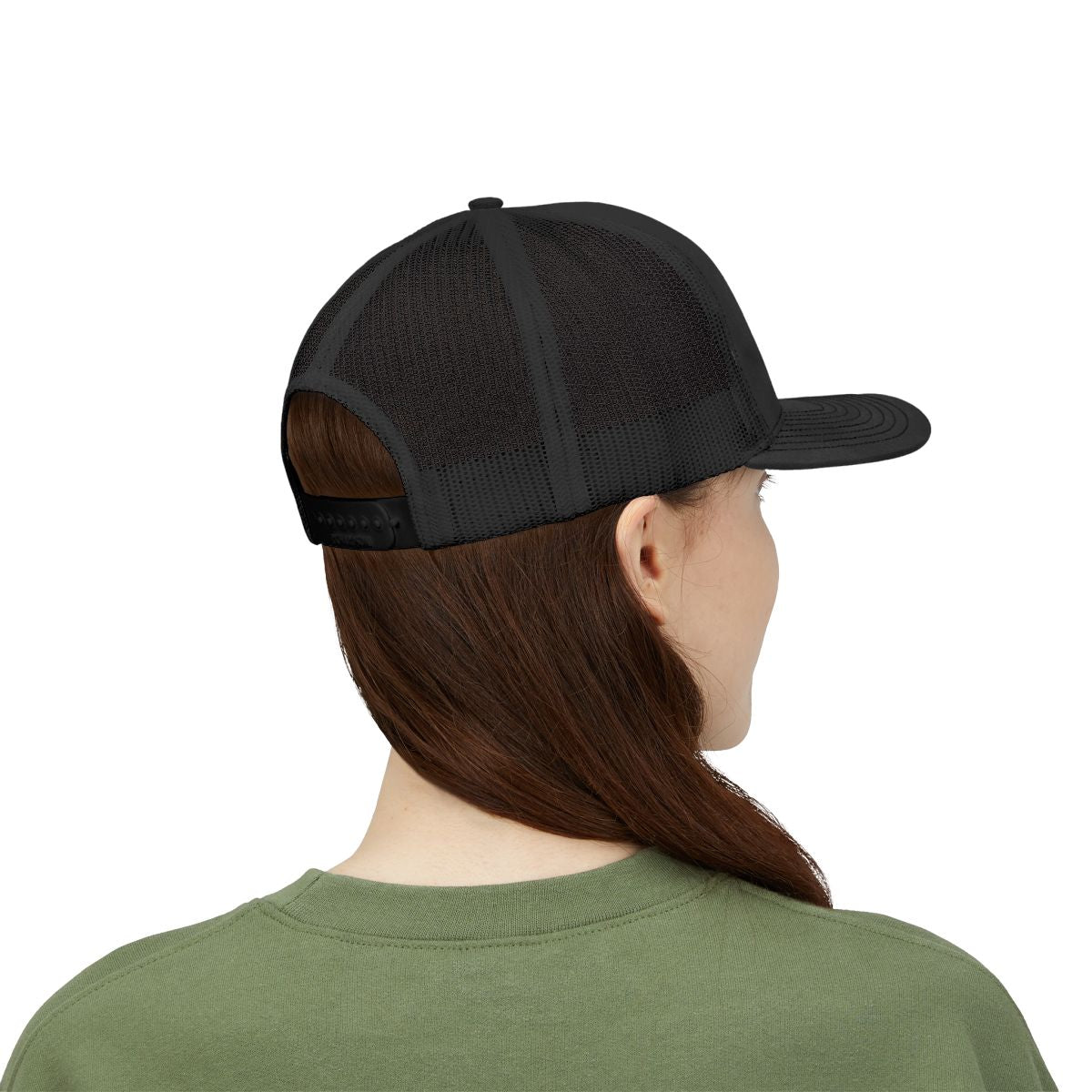 Woman wearing black CyberCap trucker, back