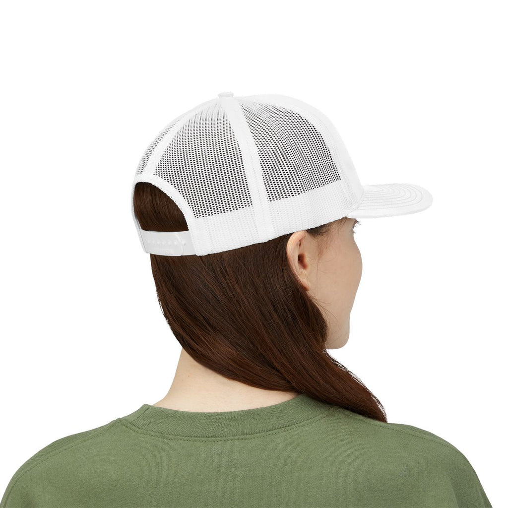 Woman wearing white CyberCap trucker, back