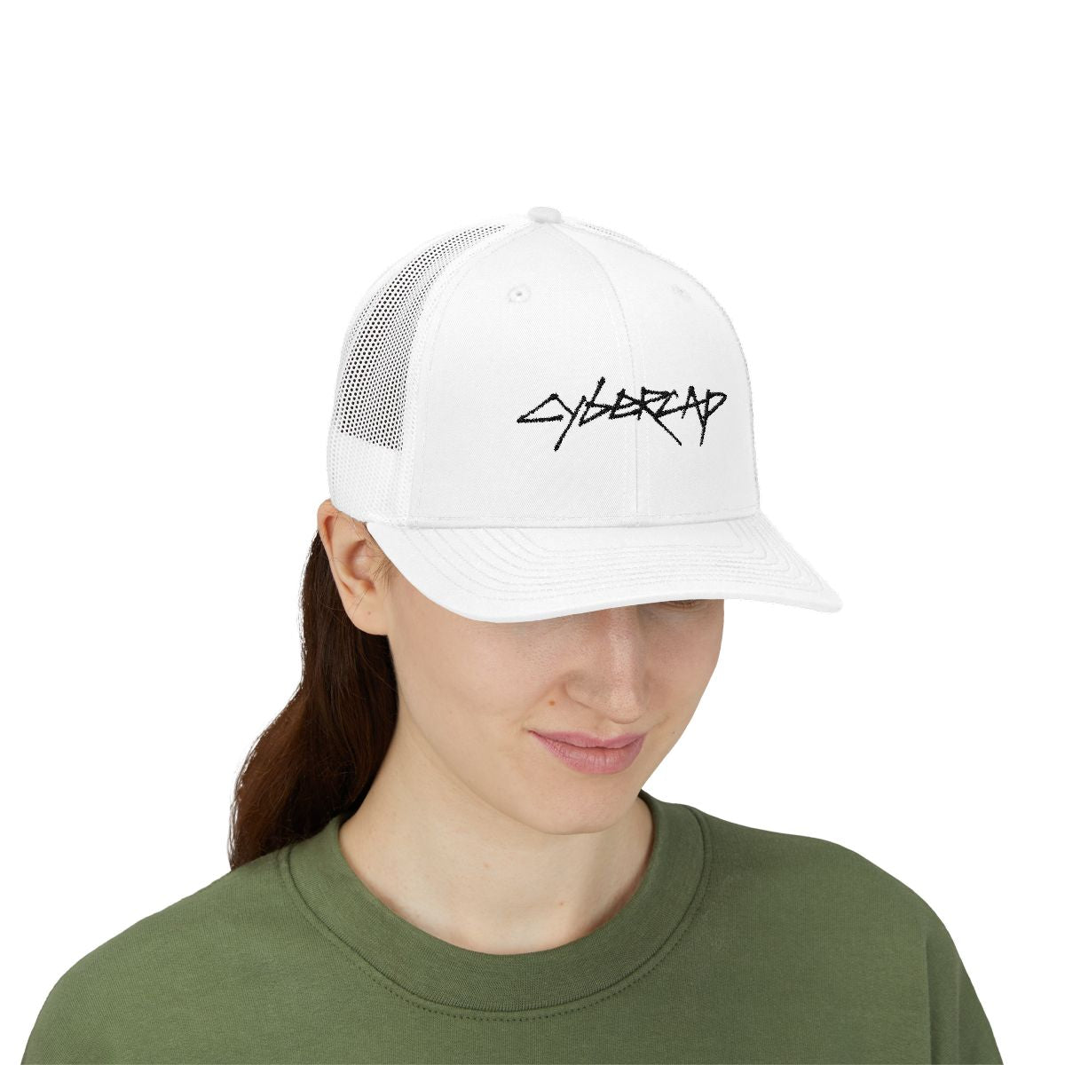 Woman wearing white CyberCap trucker